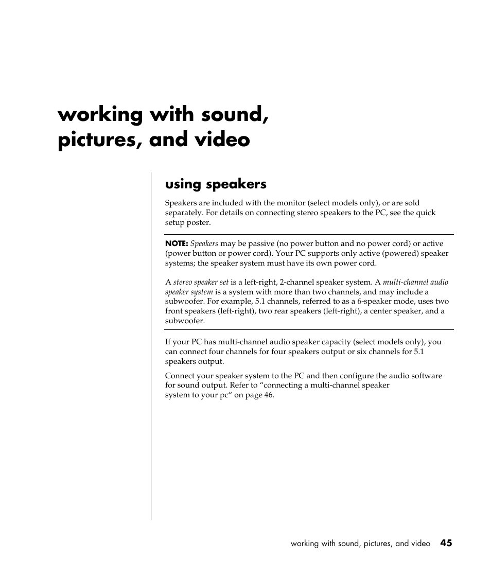 Working with sound, pictures, and video, Using speakers | Compaq S0000 Series User Manual | Page 52 / 123