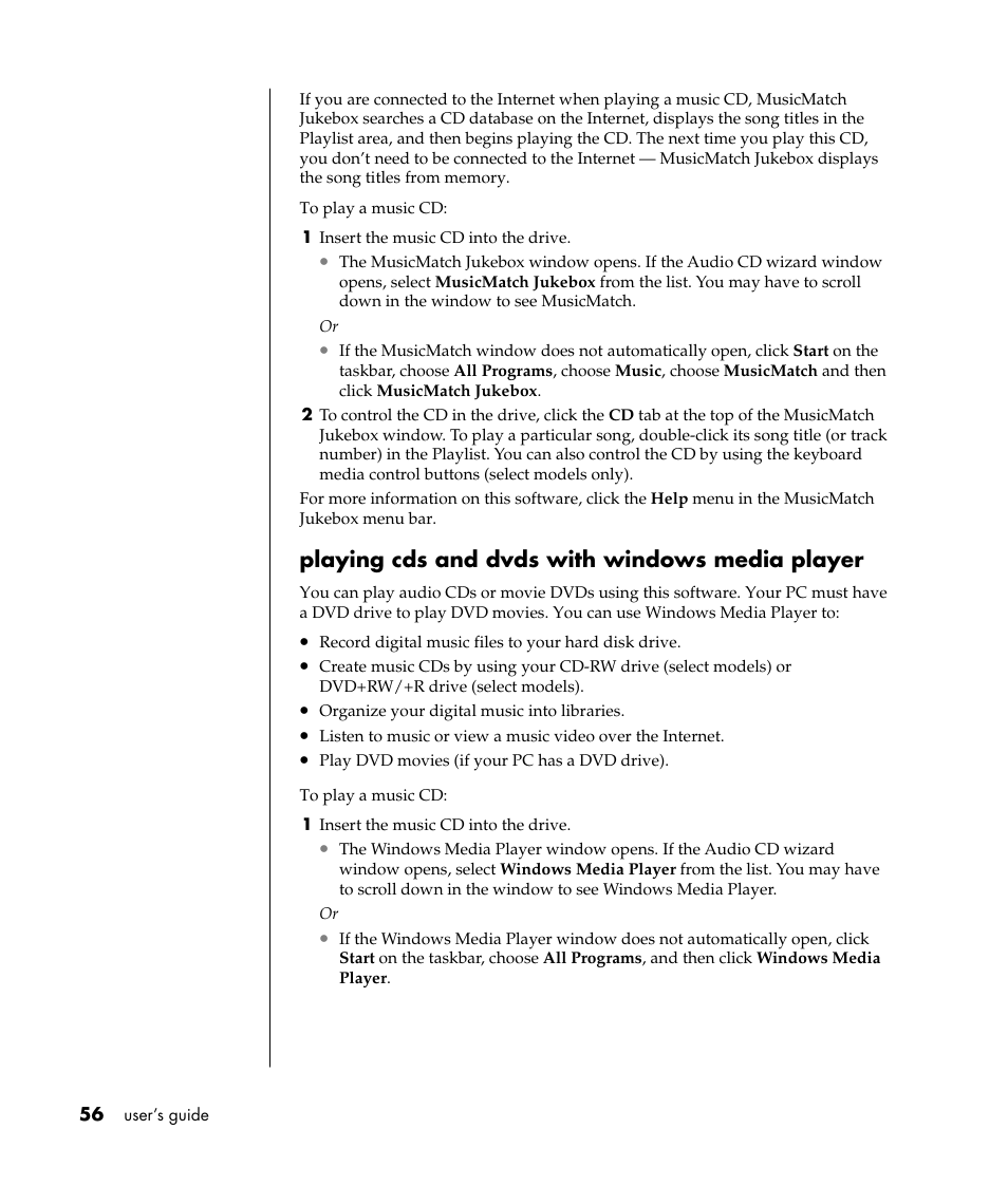 Playing cds and dvds with windows media player | Compaq S0000 Series User Manual | Page 63 / 123