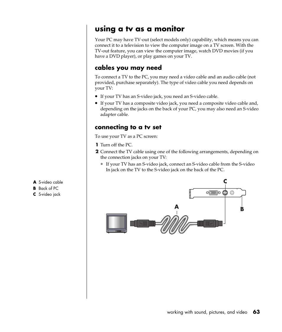 Using a tv as a monitor, Cables you may need, Connecting to a tv set | Compaq S0000 Series User Manual | Page 70 / 123