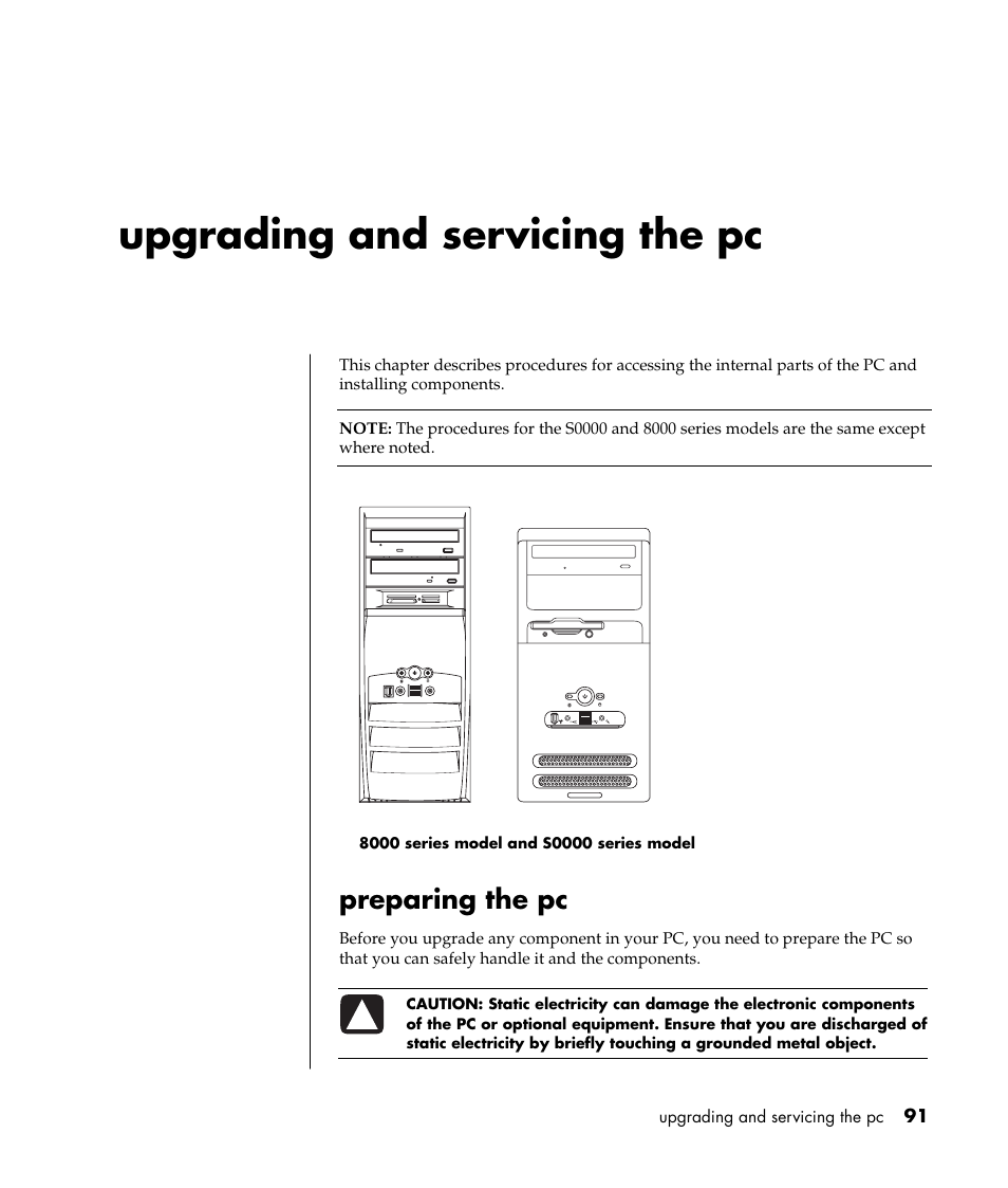 Upgrading and servicing the pc, Preparing the pc | Compaq S0000 Series User Manual | Page 98 / 123