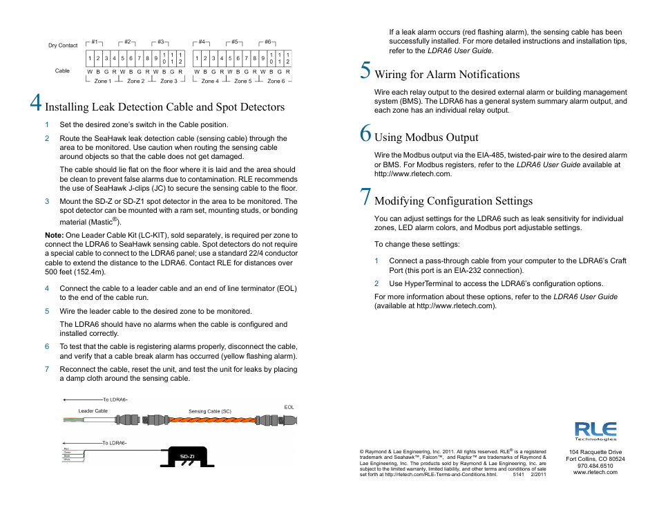 Installing leak detection cable and spot detectors, Wiring for alarm notifications, Using modbus output | Modifying configuration settings | RLE LDRA6 Quick Start User Manual | Page 2 / 2