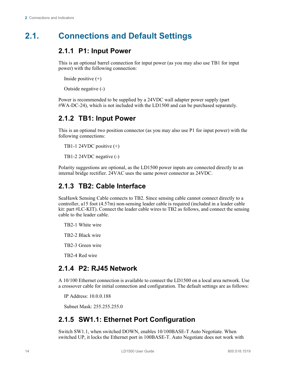 Connections and default settings, 1 p1: input power, 2 tb1: input power | 3 tb2: cable interface, 4 p2: rj45 network, 5 sw1.1: ethernet port configuration | RLE LD1500 V.3.1 User Manual | Page 14 / 52