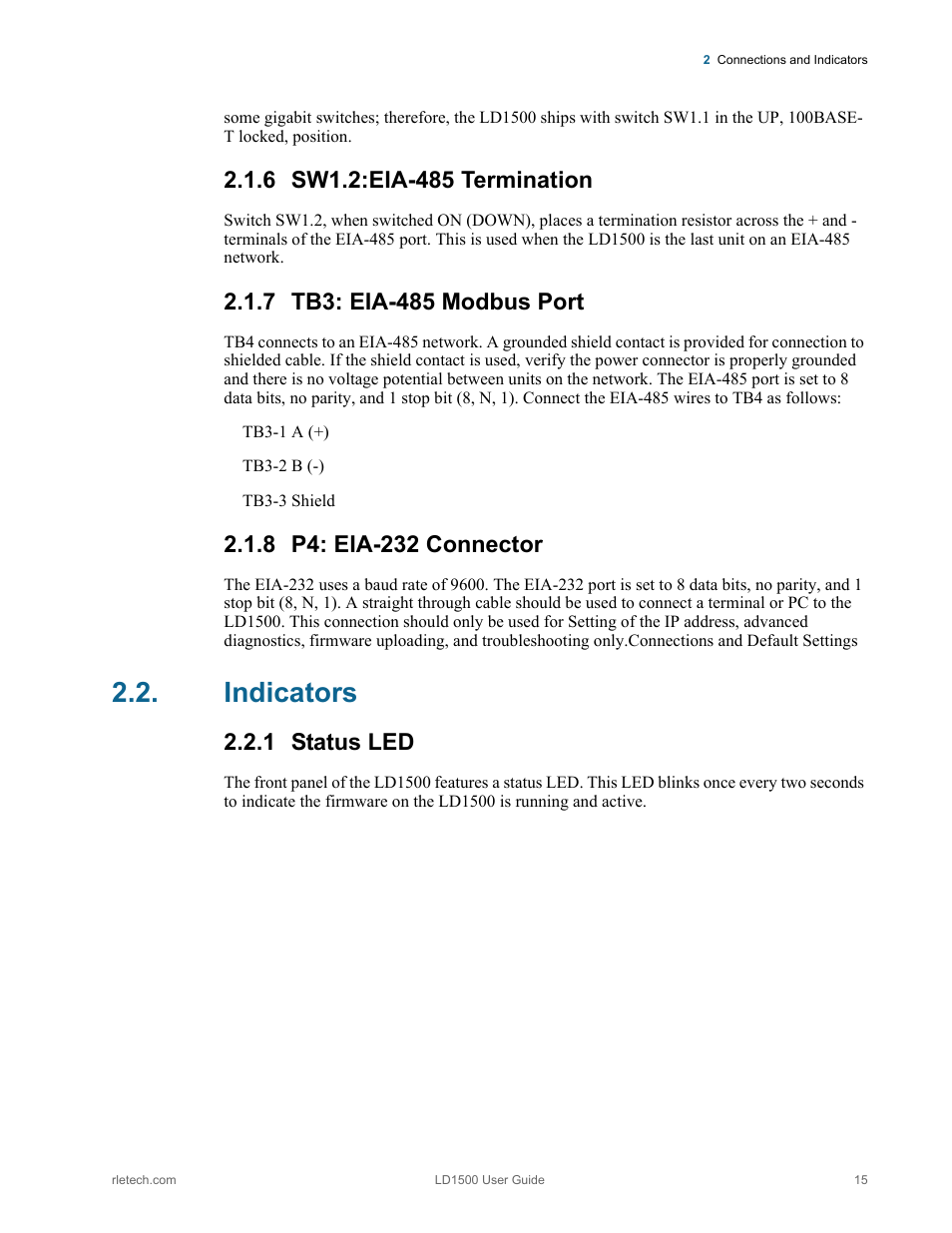 6 sw1.2:eia-485 termination, 7 tb3: eia-485 modbus port, 8 p4: eia-232 connector | Indicators, 1 status led, Status led | RLE LD1500 V.3.1 User Manual | Page 15 / 52