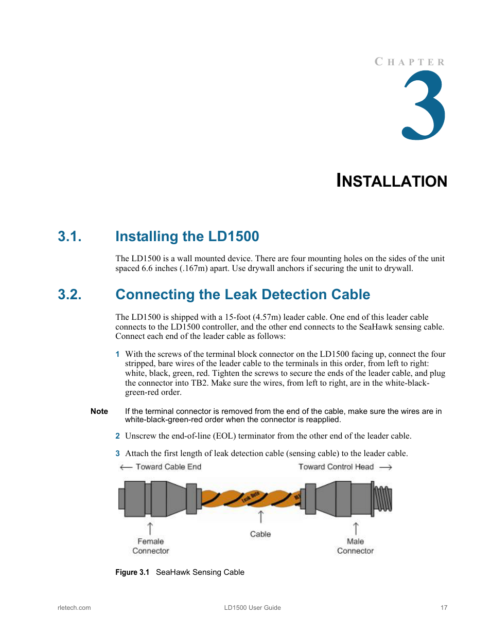 Installation, Installing the ld1500, Connecting the leak detection cable | Figure 3.1, Seahawk sensing cable, Nstallation | RLE LD1500 V.3.1 User Manual | Page 17 / 52