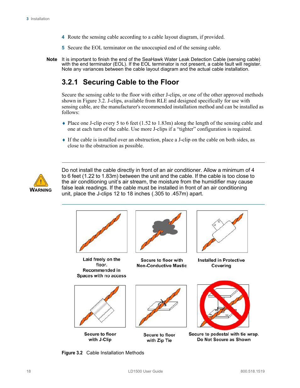 1 securing cable to the floor, Securing cable to the floor, Figure 3.2 | Cable installation methods | RLE LD1500 V.3.1 User Manual | Page 18 / 52