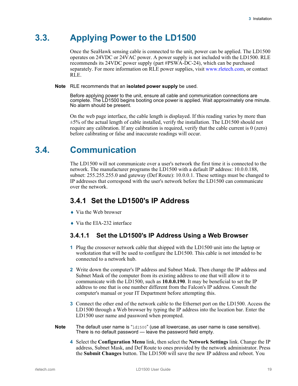 Applying power to the ld1500, Communication, 1 set the ld1500's ip address | 1 set the ld1500's ip address using a web browser, Applying power to the ld1500 communication, Set the ld1500's ip address, Set the ld1500's ip address using a web browser | RLE LD1500 V.3.1 User Manual | Page 19 / 52