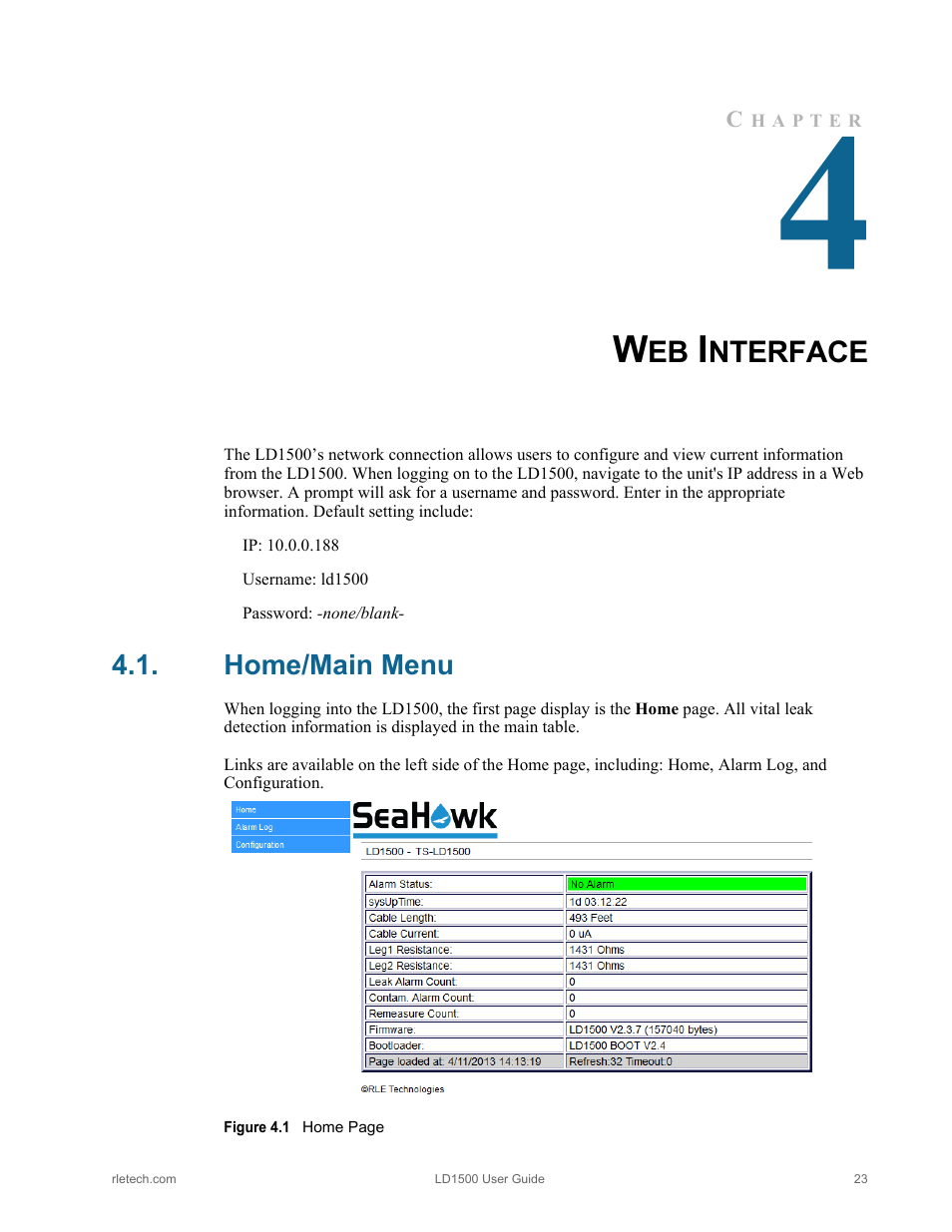 Web interface, Home/main menu, Figure 4.1 | Nterface | RLE LD1500 V.3.1 User Manual | Page 23 / 52