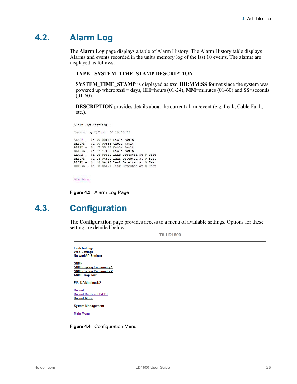 Alarm log, Configuration, Alarm log configuration | Figure 4.3, Figure 4.4, Configuration menu | RLE LD1500 V.3.1 User Manual | Page 25 / 52