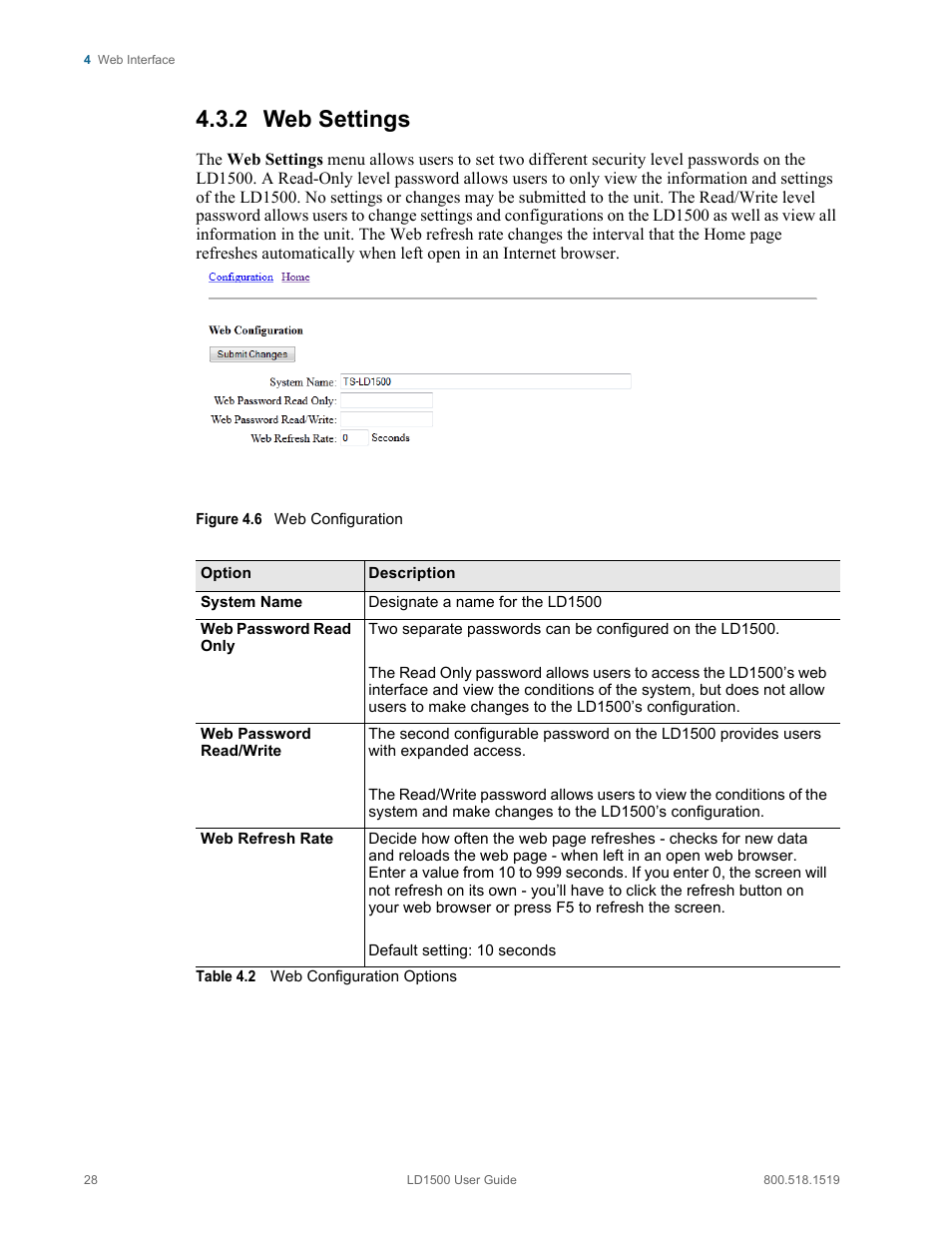 2 web settings, Web settings, Figure 4.6 | Web configuration, Table 4.2, Web configuration options | RLE LD1500 V.3.1 User Manual | Page 28 / 52