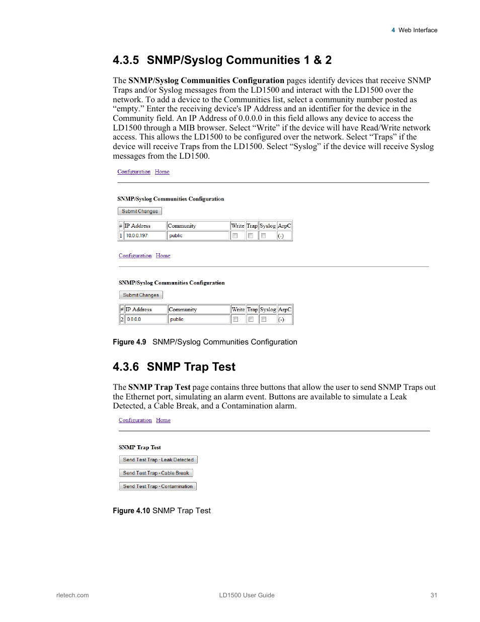 5 snmp/syslog communities 1 & 2, 6 snmp trap test, Snmp/syslog communities 1 & 2 snmp trap test | Figure 4.9, Snmp/syslog communities configuration, Figure 4.10 snmp trap test | RLE LD1500 V.3.1 User Manual | Page 31 / 52