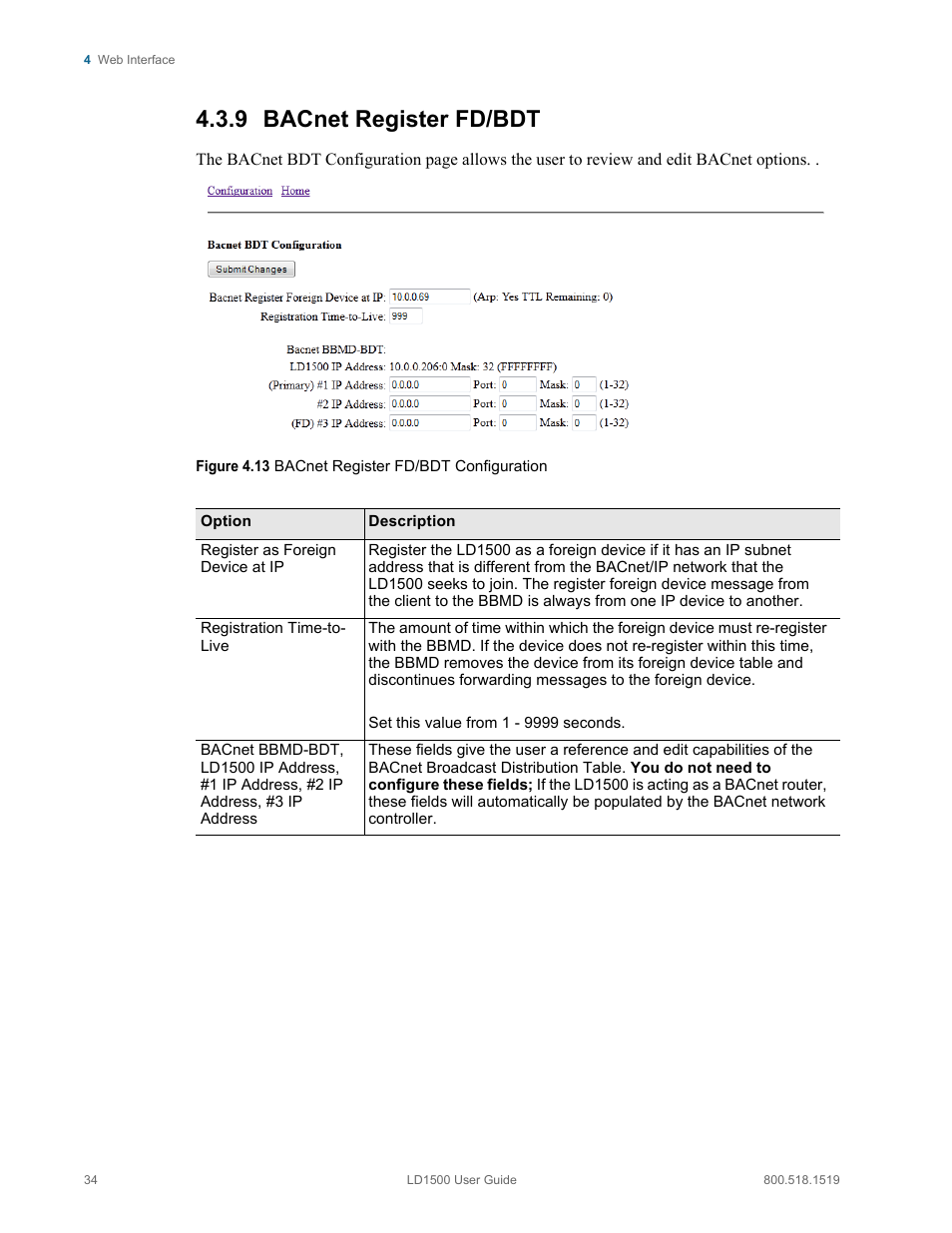 9 bacnet register fd/bdt, Bacnet register fd/bdt, Figure 4.13 bacnet register fd/bdt configuration | RLE LD1500 V.3.1 User Manual | Page 34 / 52