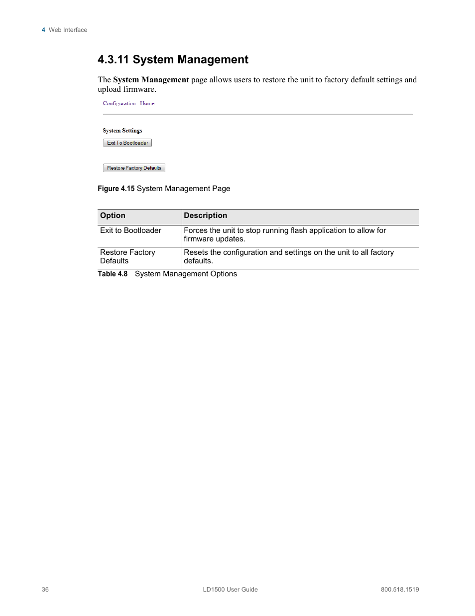 11 system management, System management, Table 4.8 | System management options | RLE LD1500 V.3.1 User Manual | Page 36 / 52