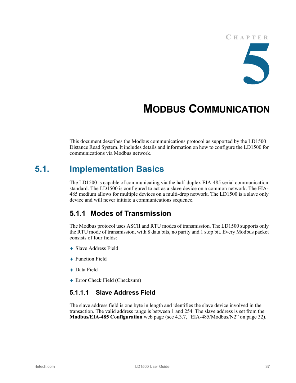 Modbus communication, Implementation basics, 1 modes of transmission | 1 slave address field, Modes of transmission, Slave address field, Odbus, Ommunication | RLE LD1500 V.3.1 User Manual | Page 37 / 52