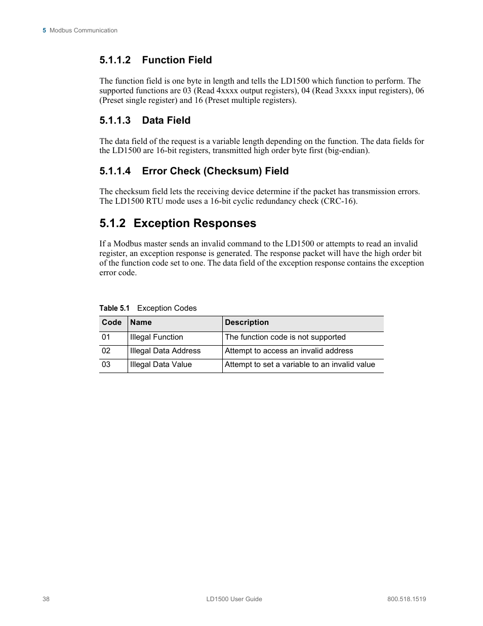 2 function field, 3 data field, 4 error check (checksum) field | 2 exception responses, Exception responses, Table 5.1, Exception codes | RLE LD1500 V.3.1 User Manual | Page 38 / 52