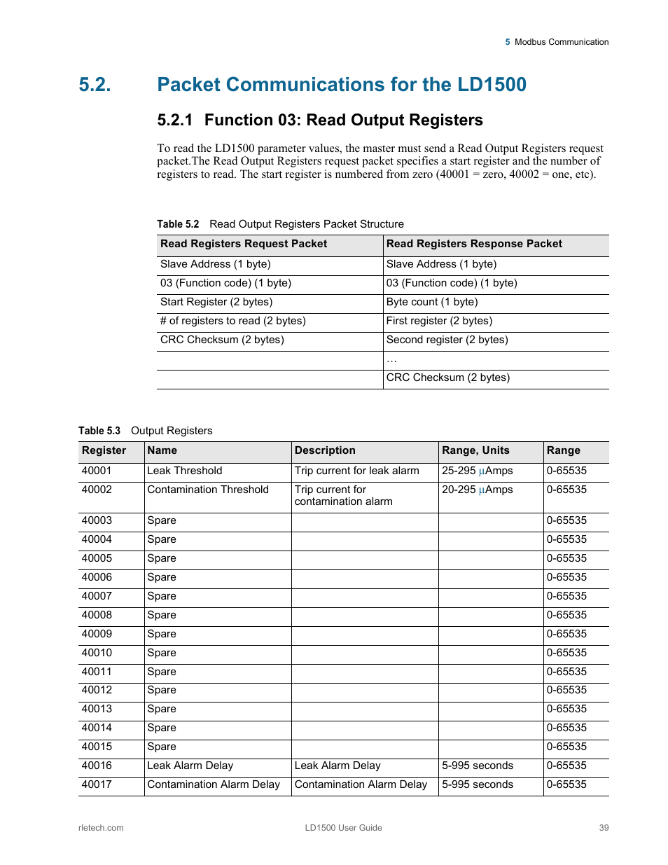 Packet communications for the ld1500, 1 function 03: read output registers, Function 03: read output registers | Table 5.2, Read output registers packet structure, Table 5.3, Output registers, S. see table | RLE LD1500 V.3.1 User Manual | Page 39 / 52