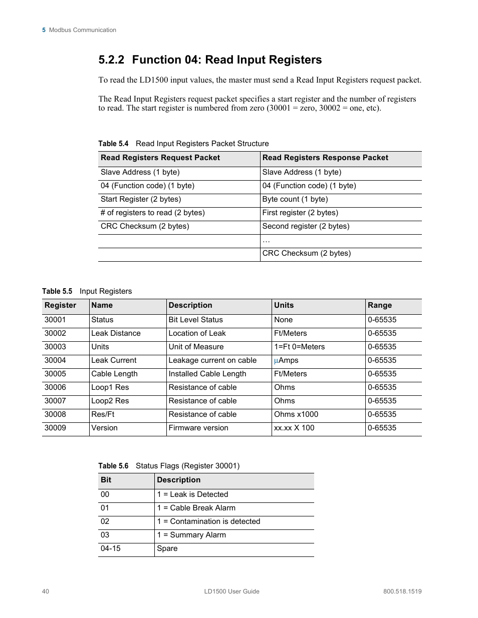 2 function 04: read input registers, Function 04: read input registers, Table 5.4 | Read input registers packet structure, Table 5.5, Input registers, Table 5.6, Status flags (register 30001), D table 5.5, “input registers | RLE LD1500 V.3.1 User Manual | Page 40 / 52