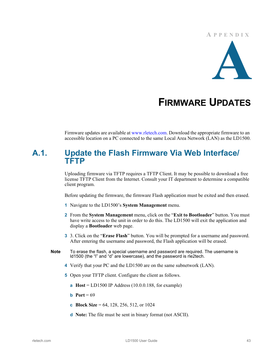 Firmware updates, Update the flash firmware via web interface/tftp, Irmware | Pdates | RLE LD1500 V.3.1 User Manual | Page 43 / 52