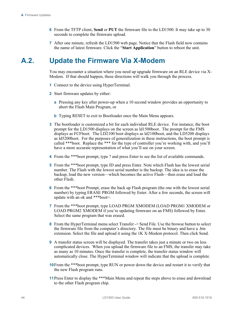 A.2. update the firmware via x-modem, Update the firmware via x-modem | RLE LD1500 V.3.1 User Manual | Page 44 / 52