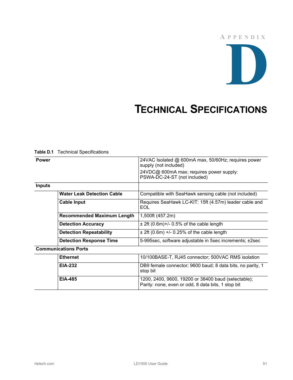 Technical specifications, Table d.1, Echnical | Pecifications | RLE LD1500 V.3.1 User Manual | Page 51 / 52