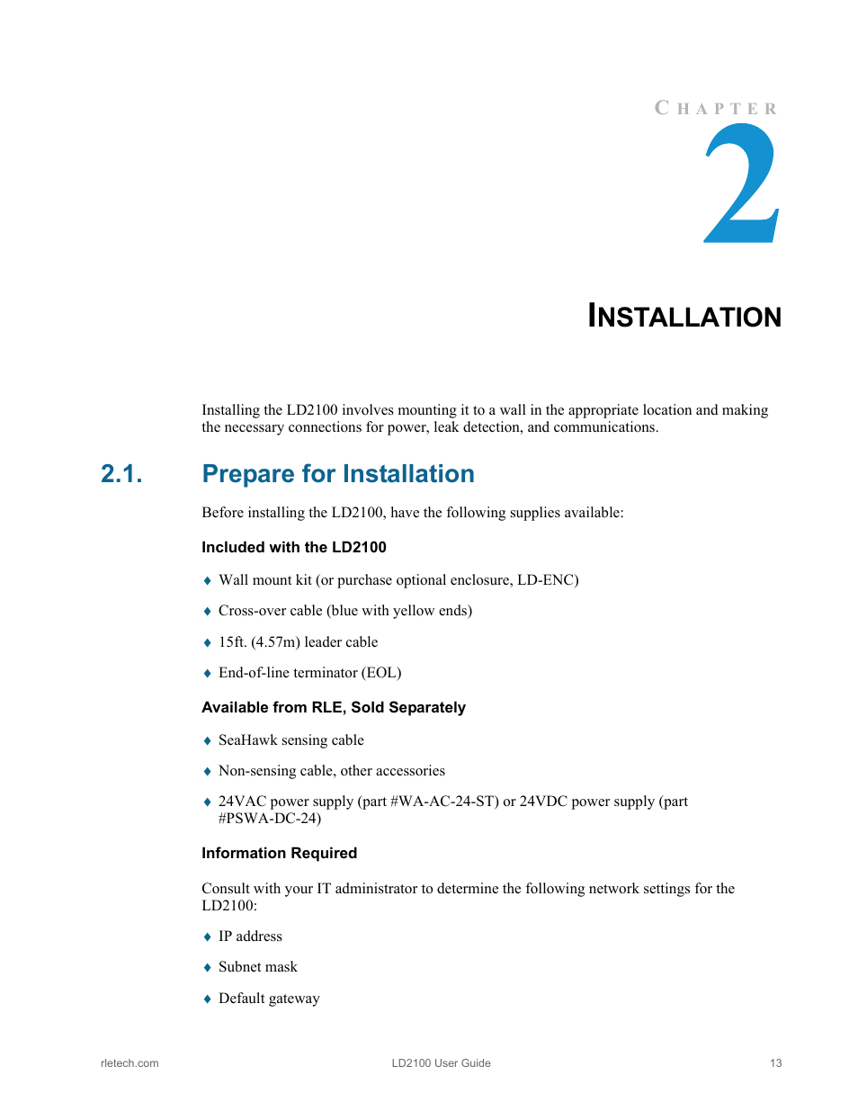 Installation, Prepare for installation, Nstallation | RLE LD2100 V.2.6 User Manual | Page 13 / 92
