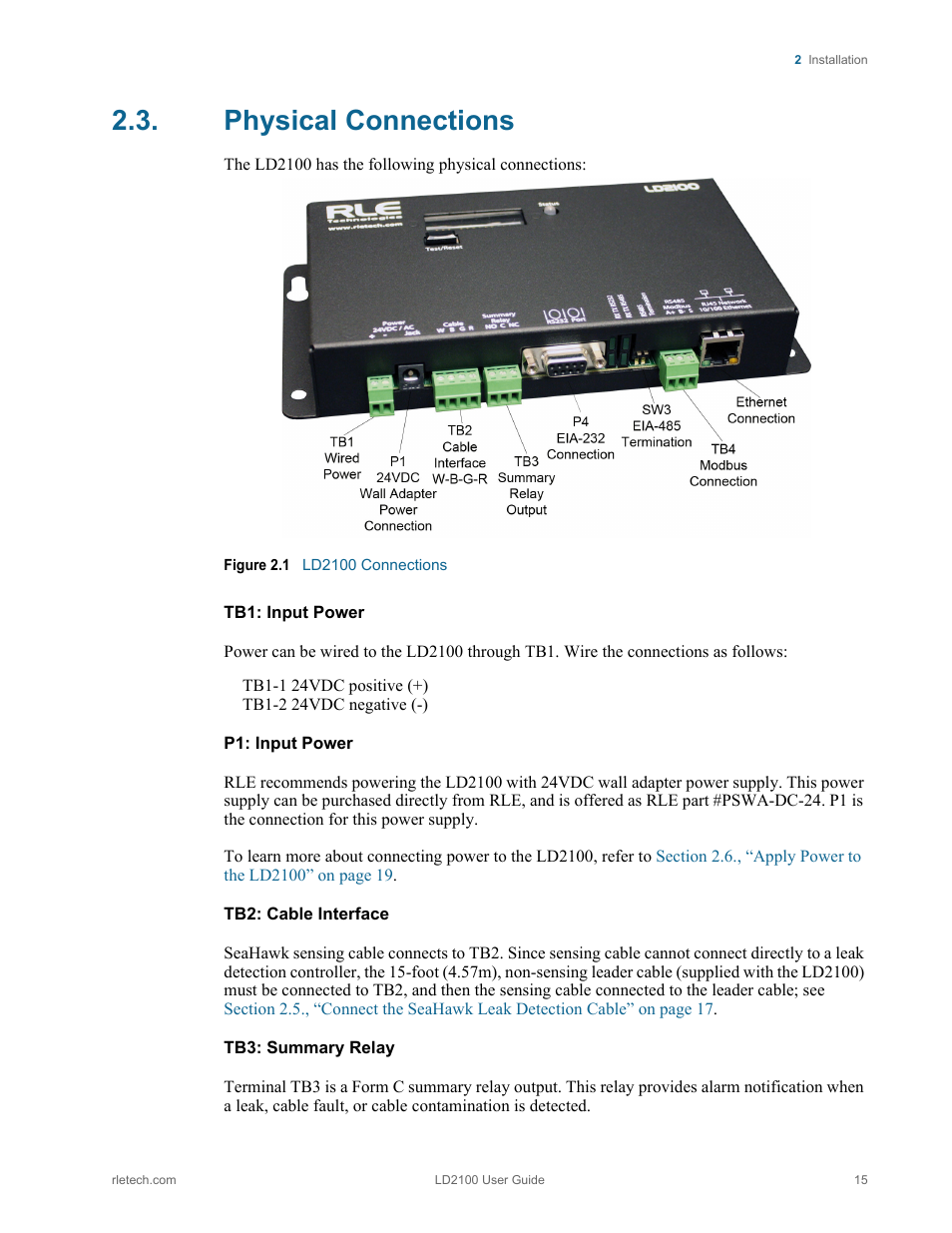 Physical connections, Figure 2.1 ld2100 connections | RLE LD2100 V.2.6 User Manual | Page 15 / 92