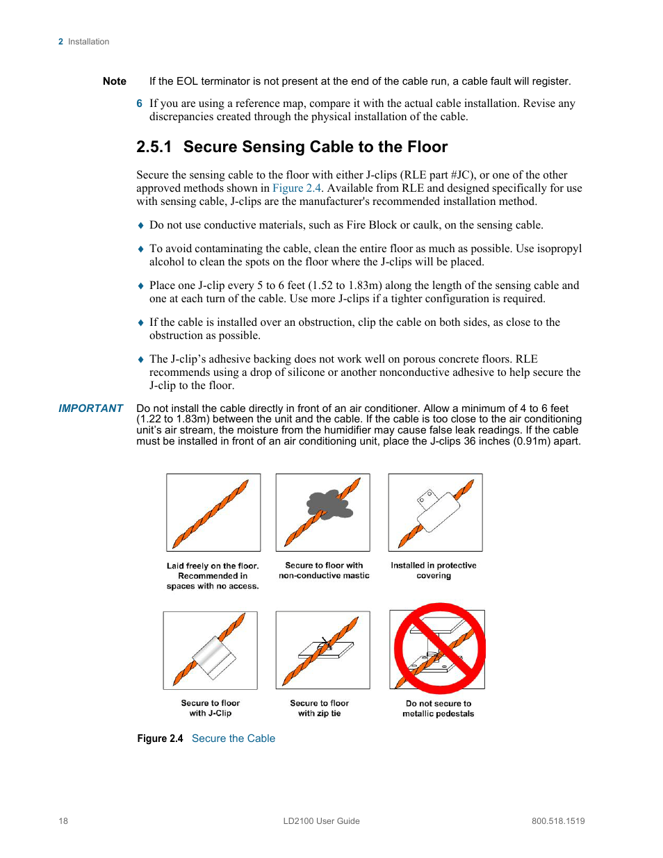 Secure sensing cable to the floor, Figure 2.4 secure the cable, 1 secure sensing cable to the floor | RLE LD2100 V.2.6 User Manual | Page 18 / 92