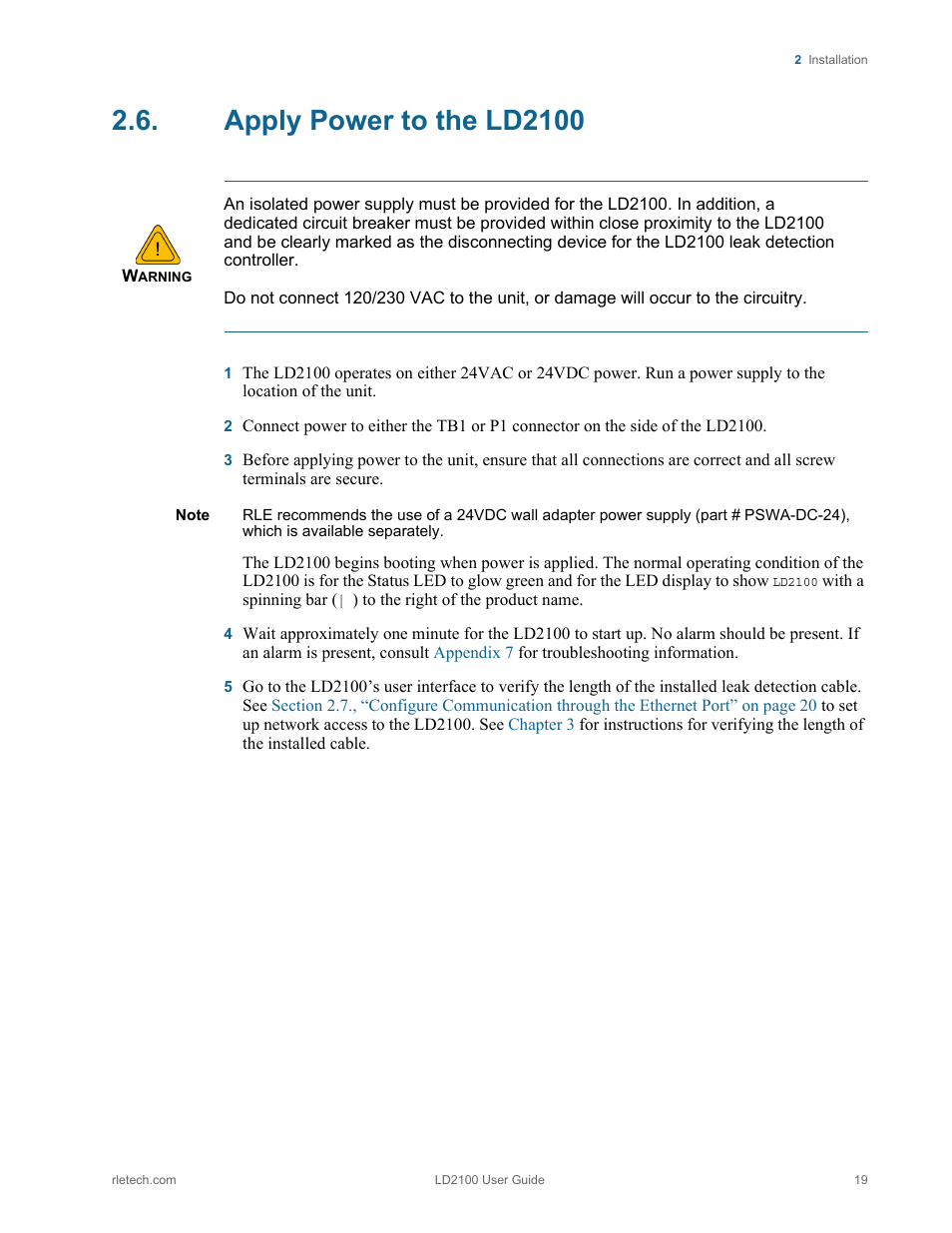 Apply power to the ld2100, To the ld2100, refer to, Section 2.6., “apply power to | RLE LD2100 V.2.6 User Manual | Page 19 / 92