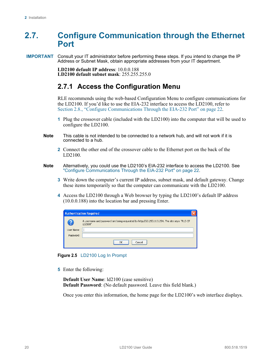 Configure communication through the ethernet port, Access the configuration menu, Figure 2.5 ld2100 log in prompt | To set, 1 access the configuration menu | RLE LD2100 V.2.6 User Manual | Page 20 / 92