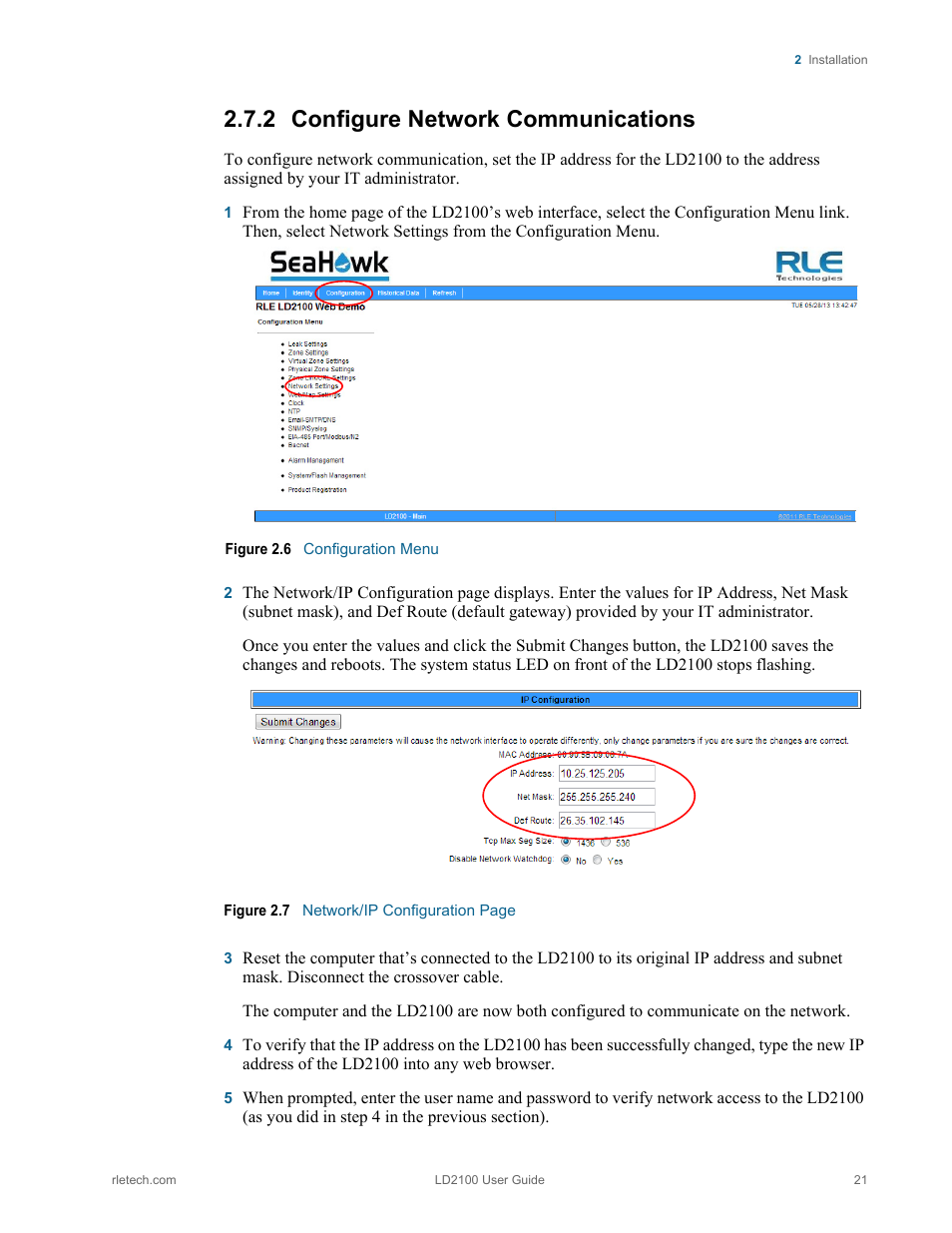 Configure network communications, 2 configure network communications | RLE LD2100 V.2.6 User Manual | Page 21 / 92