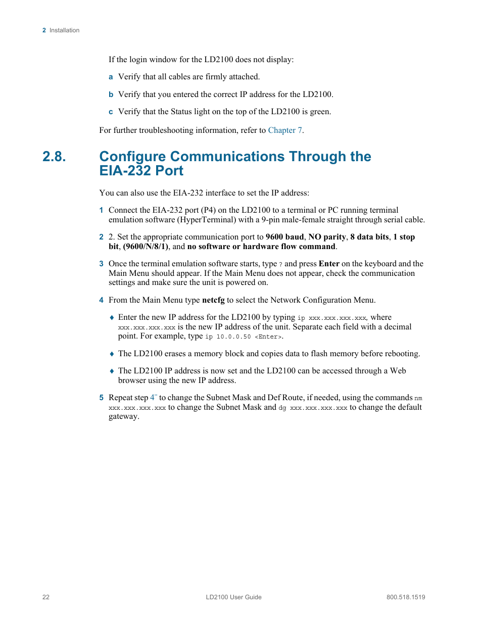 Configure communications through the eia-232 port | RLE LD2100 V.2.6 User Manual | Page 22 / 92