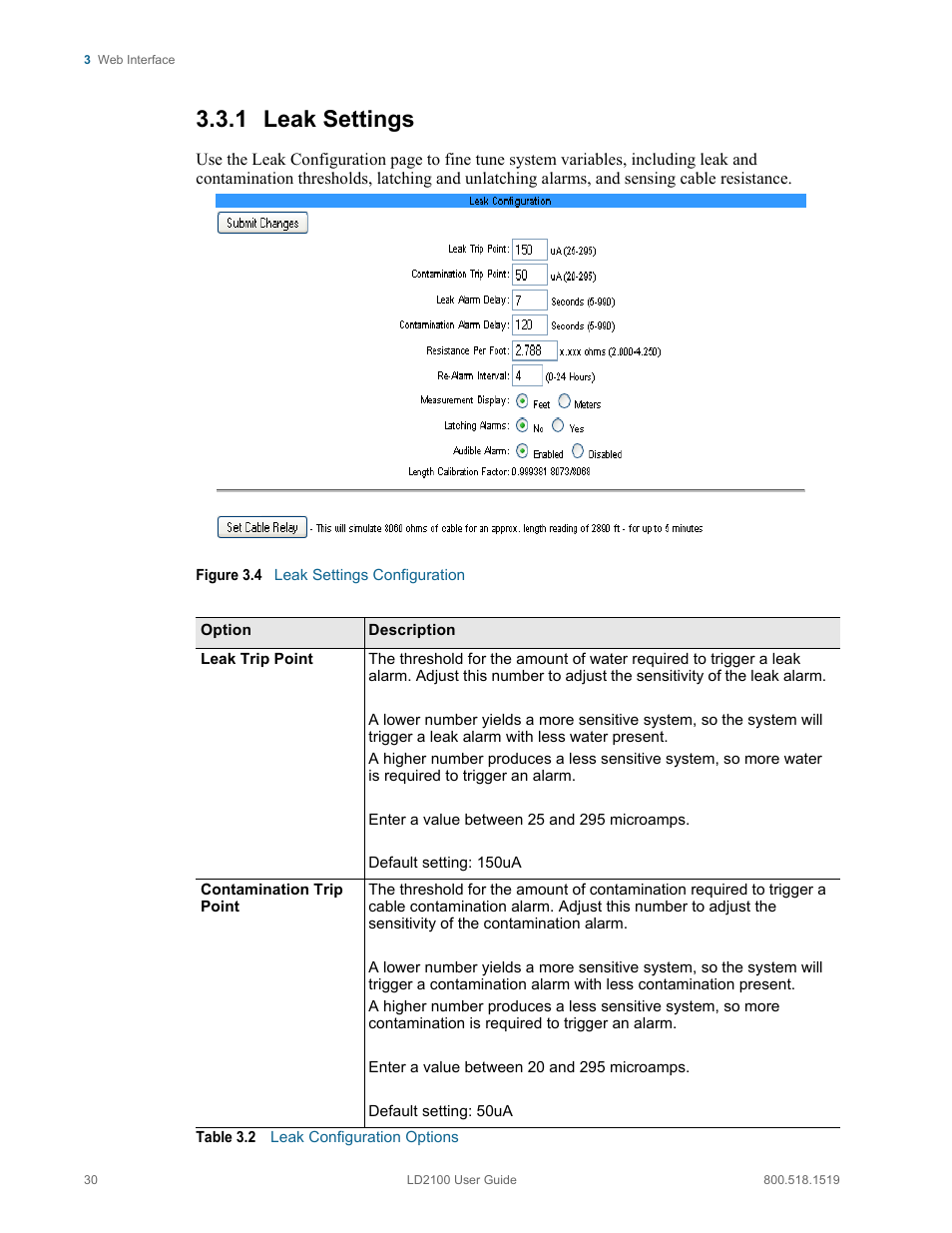 Leak settings, Figure 3.4 leak settings configuration, Table 3.2 | Leak configuration options, 1 leak settings | RLE LD2100 V.2.6 User Manual | Page 30 / 92