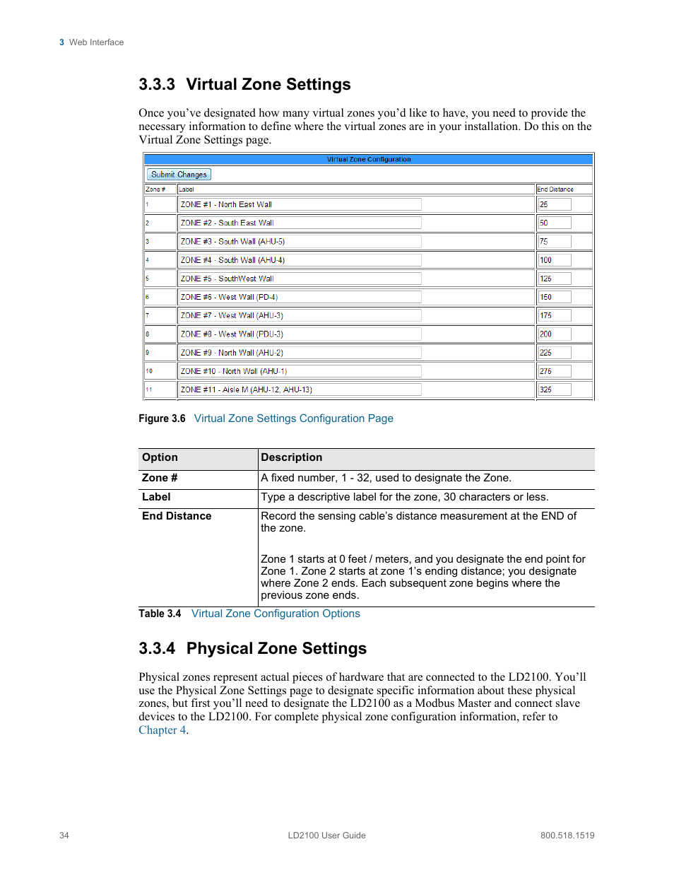 Virtual zone settings physical zone settings, Table 3.4, Virtual zone configuration options | 3 virtual zone settings, 4 physical zone settings | RLE LD2100 V.2.6 User Manual | Page 34 / 92