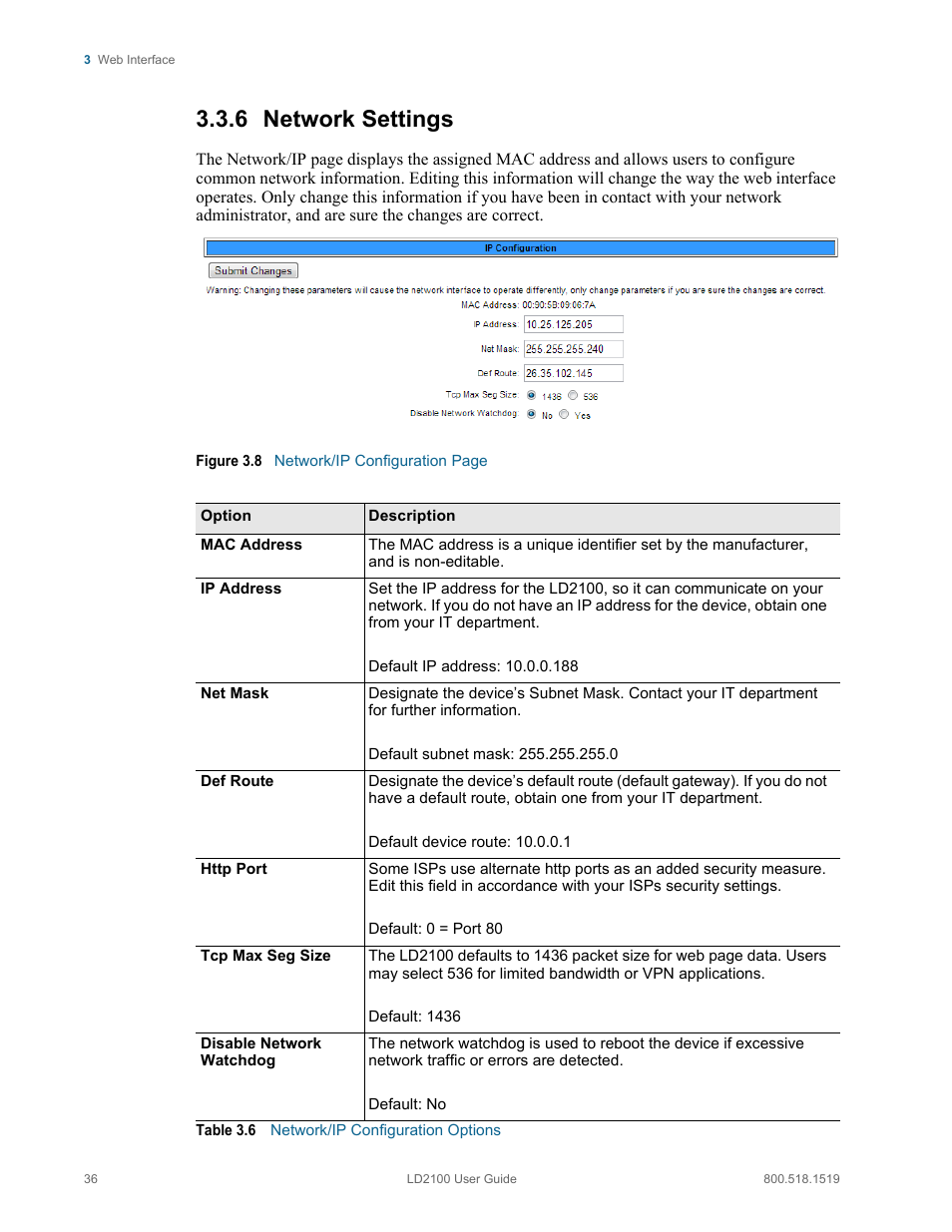Network settings, Table 3.6, Network/ip configuration options | 6 network settings | RLE LD2100 V.2.6 User Manual | Page 36 / 92