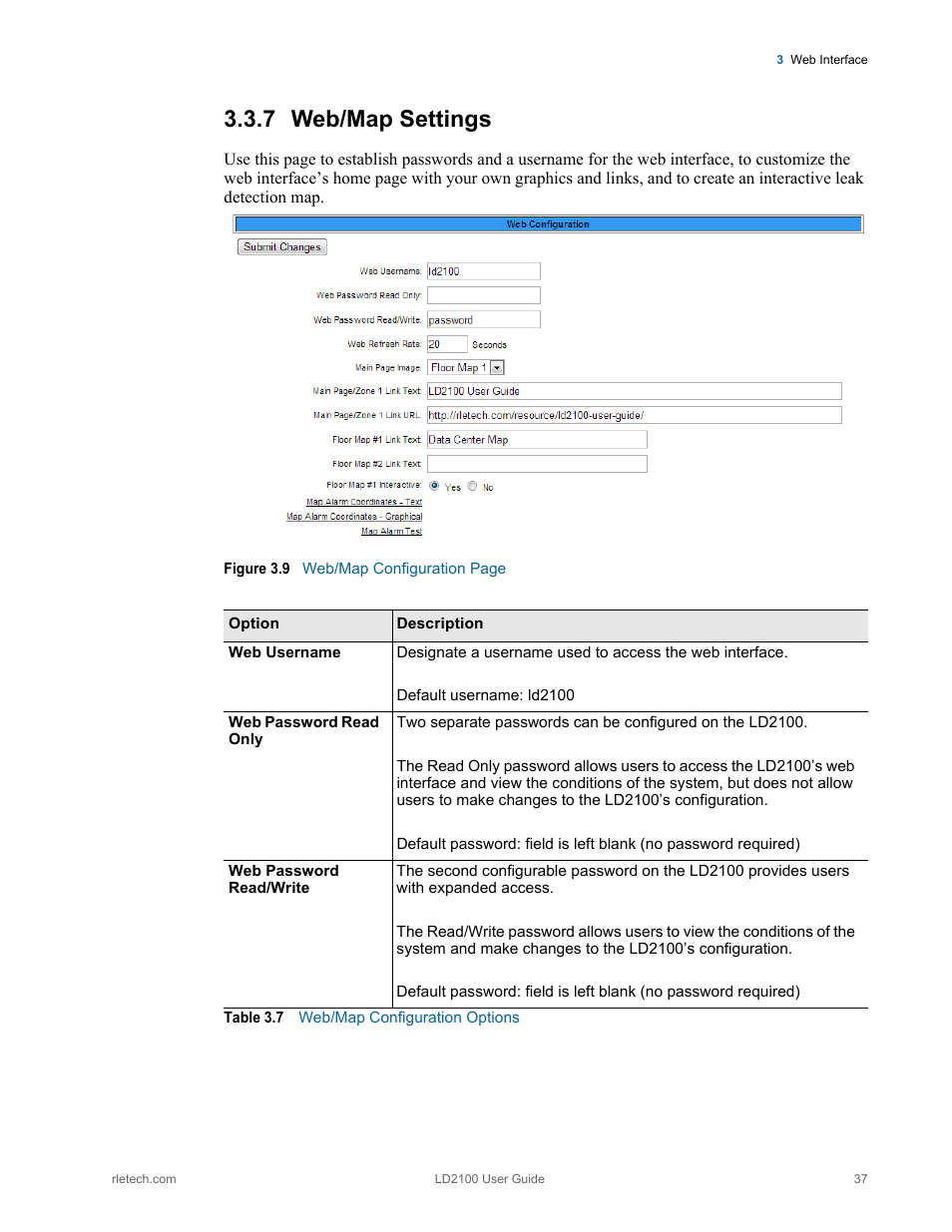 Web/map settings, Table 3.7, Web/map configuration options | 7 web/map settings | RLE LD2100 V.2.6 User Manual | Page 37 / 92