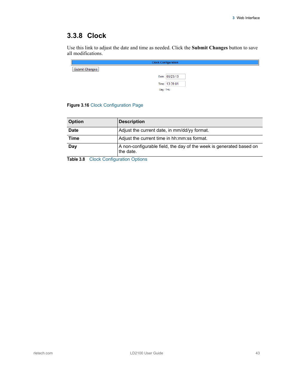 Clock, Table 3.8, Clock configuration options | 8 clock | RLE LD2100 V.2.6 User Manual | Page 43 / 92