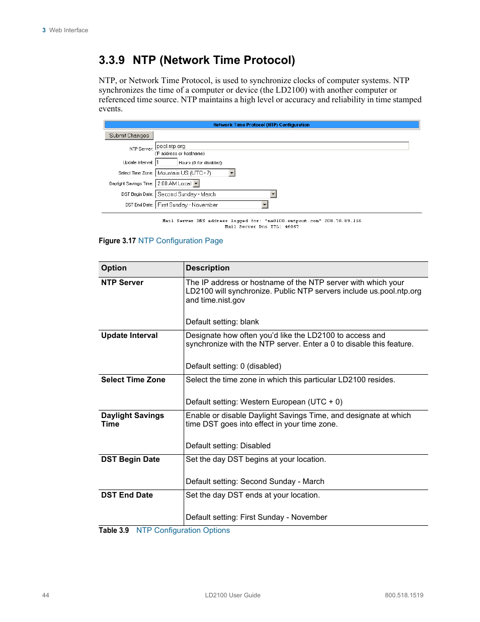 Ntp (network time protocol), Table 3.9, Ntp configuration options | 9 ntp (network time protocol) | RLE LD2100 V.2.6 User Manual | Page 44 / 92