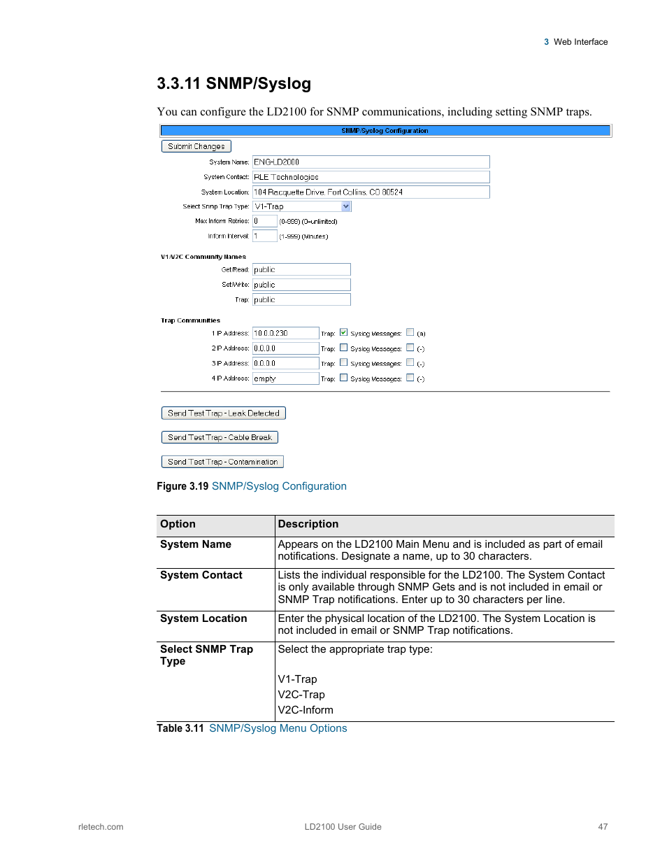 Snmp/syslog, Figure 3.19 snmp/syslog configuration, Table 3.11 | Snmp/syslog menu options, 11 snmp/syslog | RLE LD2100 V.2.6 User Manual | Page 47 / 92