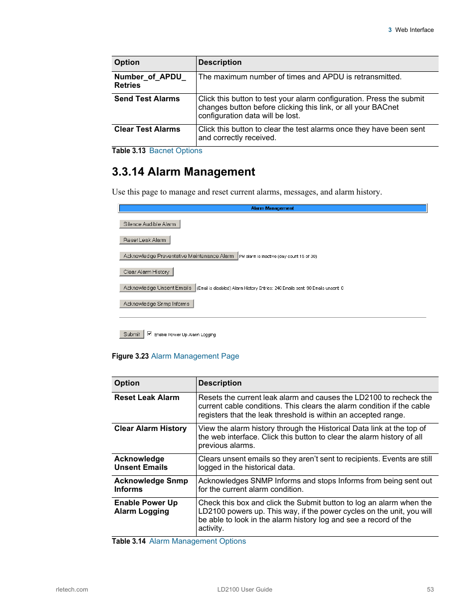 Alarm management, Table 3.14, Alarm management options | 14 alarm management | RLE LD2100 V.2.6 User Manual | Page 53 / 92