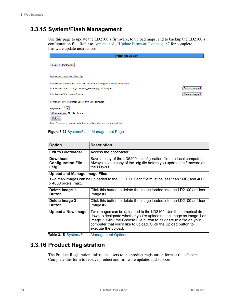 System/flash management product registration, Table 3.15, System/flash management options | 15 system/flash management, 16 product registration | RLE LD2100 V.2.6 User Manual | Page 54 / 92