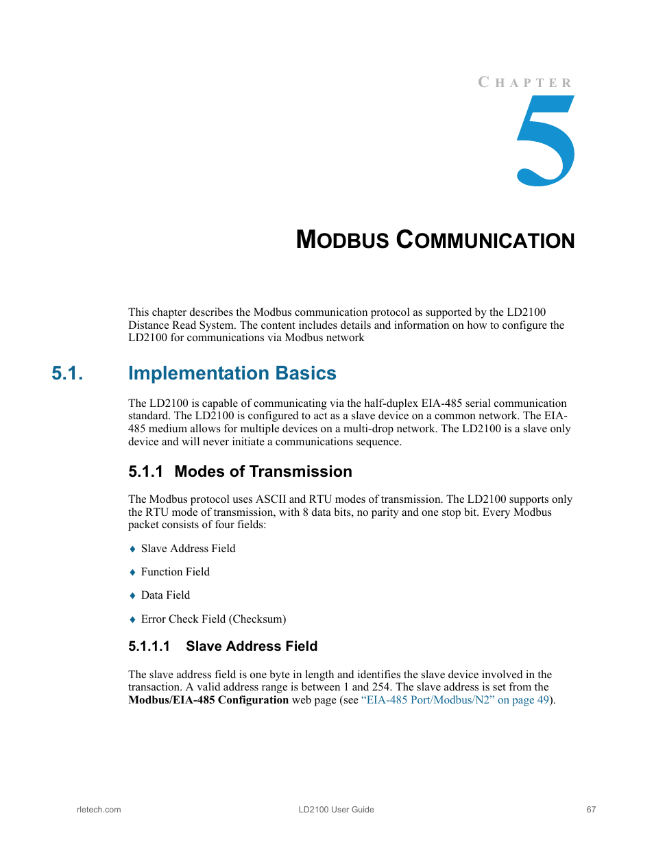Modbus communication, Implementation basics, Modes of transmission | Slave address field, Odbus, Ommunication, 1 modes of transmission | RLE LD2100 V.2.6 User Manual | Page 67 / 92