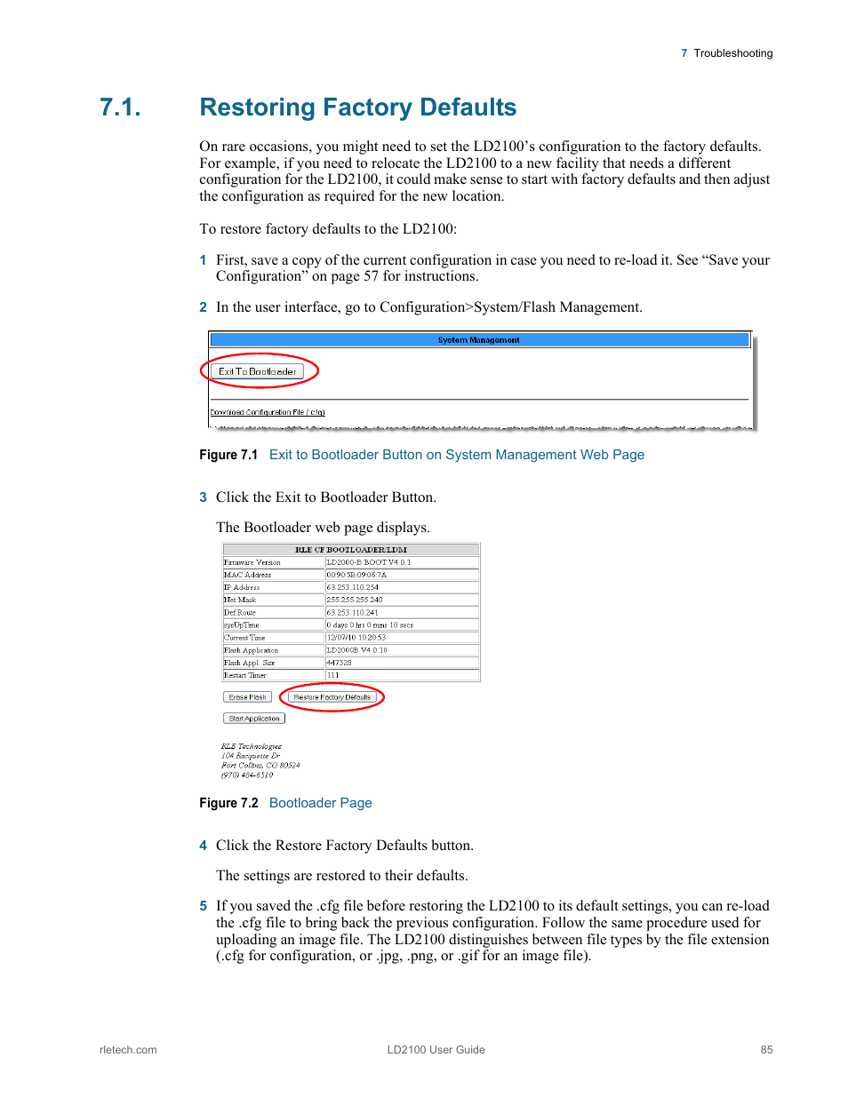 Restoring factory defaults | RLE LD2100 V.2.6 User Manual | Page 85 / 92