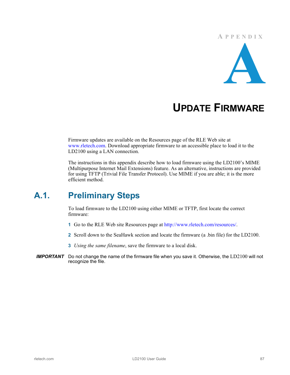 Update firmware, Preliminary steps, Pdate | Irmware, A.1. preliminary steps | RLE LD2100 V.2.6 User Manual | Page 87 / 92