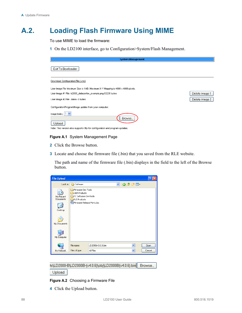 Loading flash firmware using mime, A.2. loading flash firmware using mime | RLE LD2100 V.2.6 User Manual | Page 88 / 92