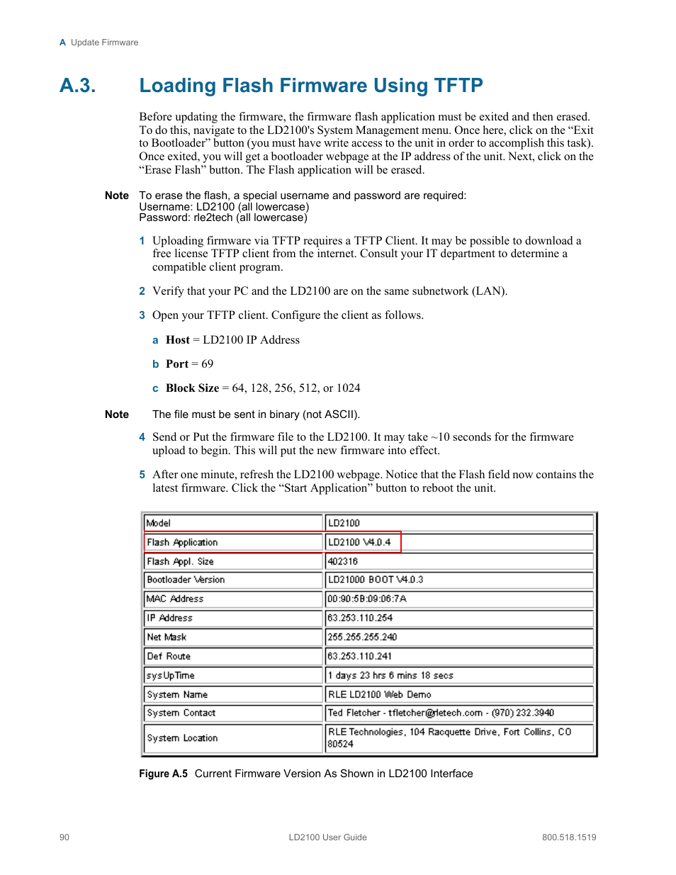 Loading flash firmware using tftp, A.3. loading flash firmware using tftp | RLE LD2100 V.2.6 User Manual | Page 90 / 92