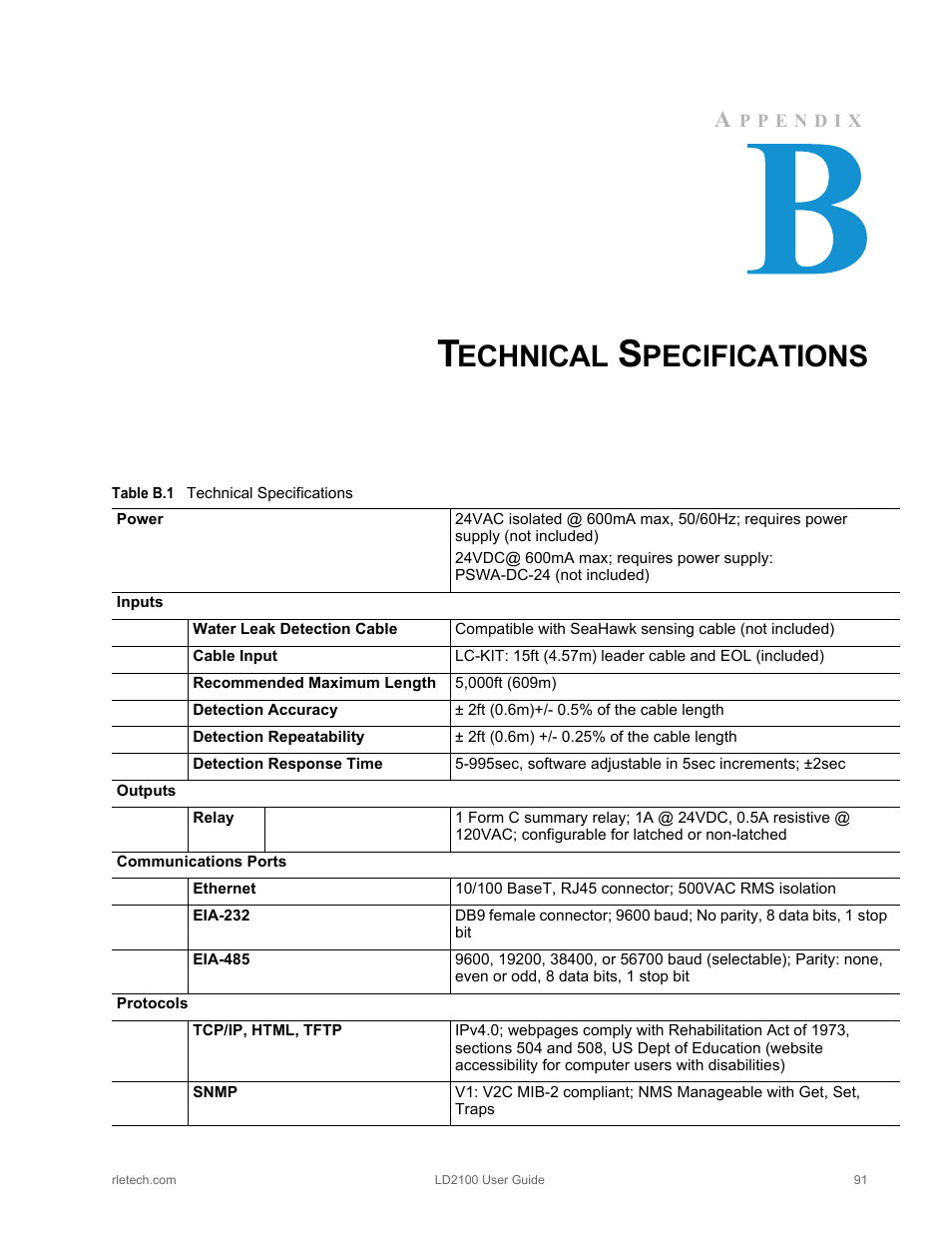 Technical specifications, Table b.1, Echnical | Pecifications | RLE LD2100 V.2.6 User Manual | Page 91 / 92