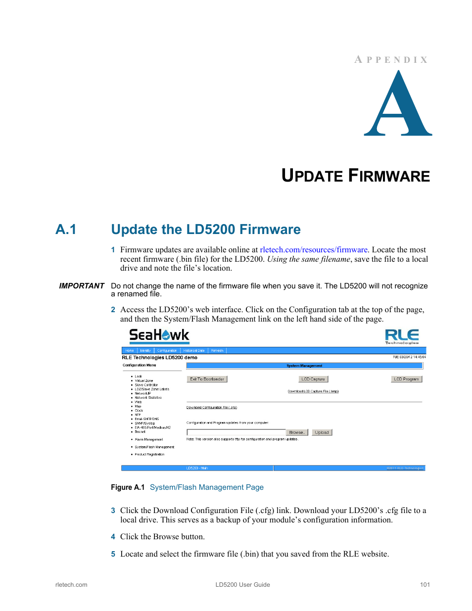 Update firmware, A.1 update the ld5200 firmware, Update the ld5200 firmware | Figure a.1, Pdate, Irmware | RLE LD5200 V.2.3 User Manual | Page 101 / 118