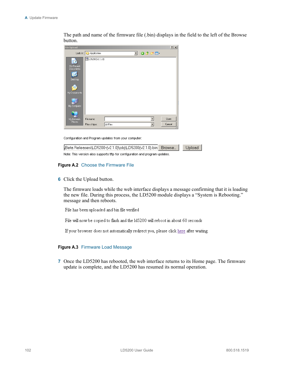 Figure a.2, Choose the firmware file, Figure a.3 | Firmware load message | RLE LD5200 V.2.3 User Manual | Page 102 / 118