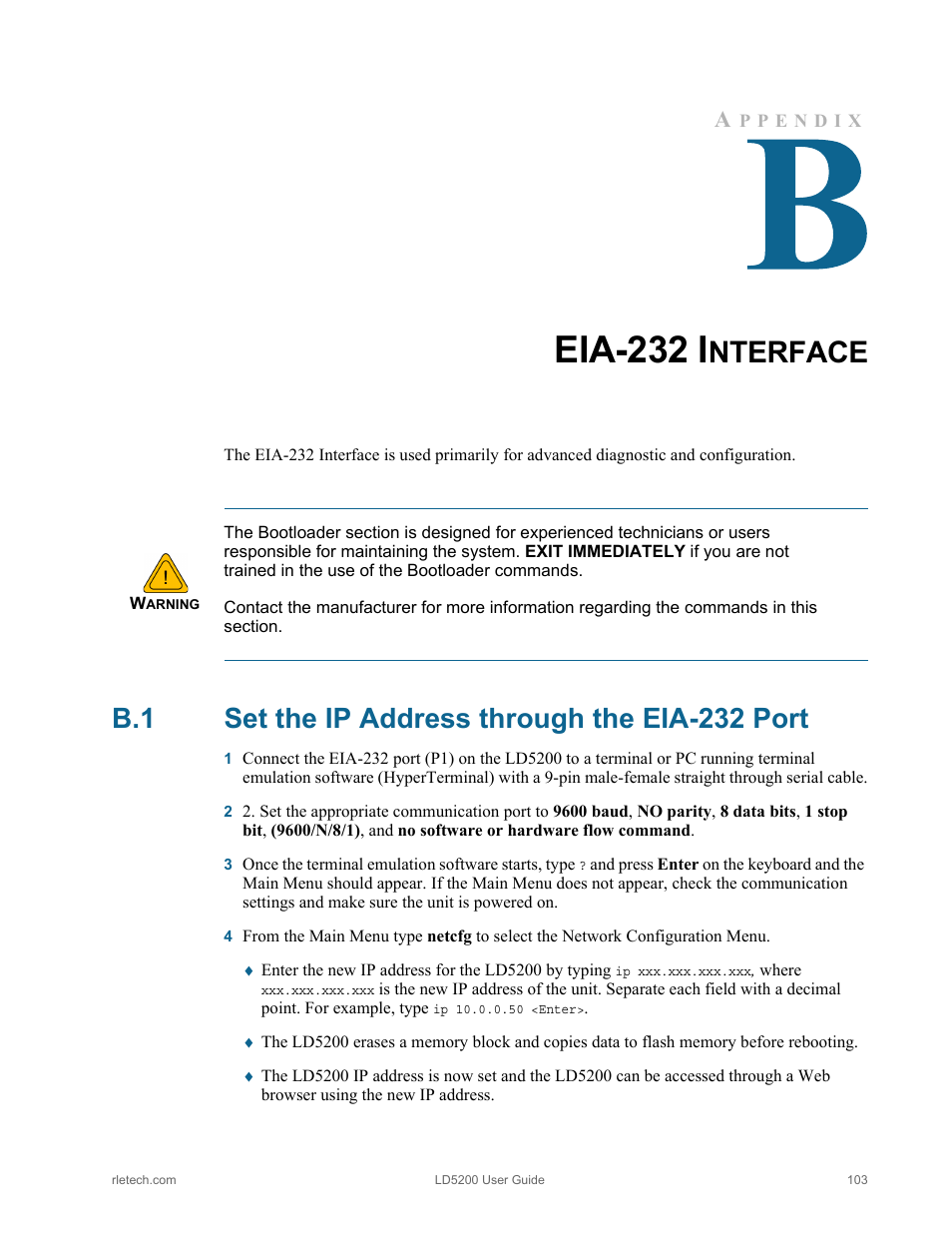 Eia-232 interface, B.1 set the ip address through the eia-232 port, Set the ip address through the eia-232 port | Eia-232 i, Nterface | RLE LD5200 V.2.3 User Manual | Page 103 / 118