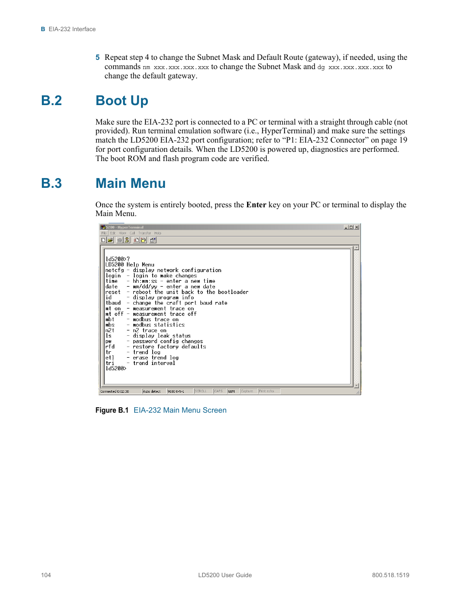 B.2 boot up, B.3 main menu, Boot up | Main menu, Figure b.1, Eia-232 main menu screen | RLE LD5200 V.2.3 User Manual | Page 104 / 118