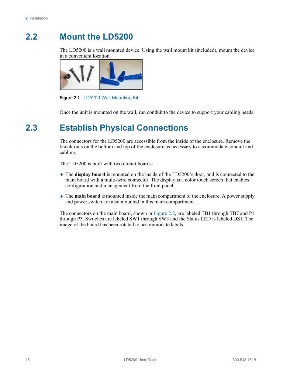 2 mount the ld5200, 3 establish physical connections, Mount the ld5200 establish physical connections | Figure 2.1, Ld5200 wall mounting kit | RLE LD5200 V.2.3 User Manual | Page 16 / 118